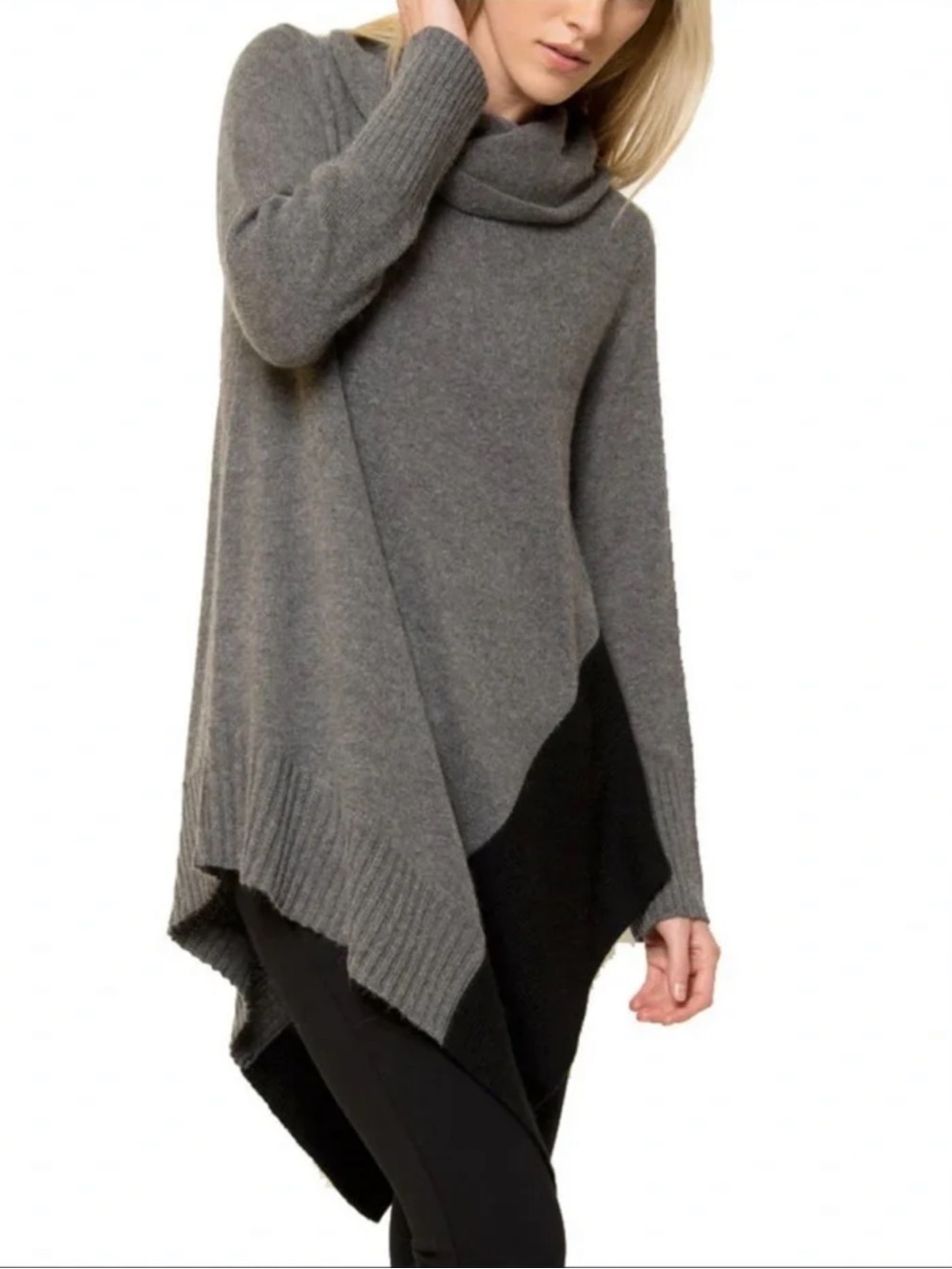 Eileen Fisher Yak Wool Taupe Gray Asymmetric Colorblock Cowl Neck Poncho Sweater